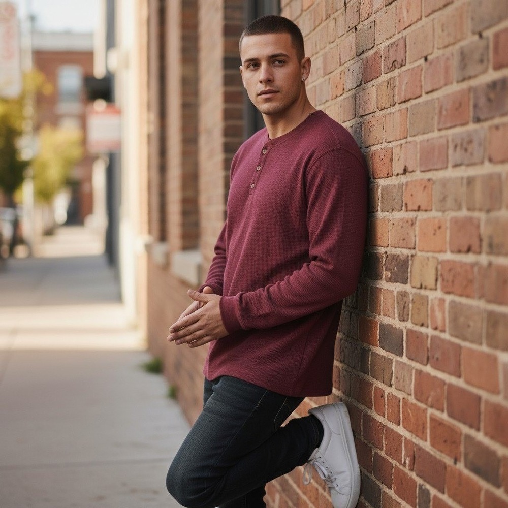 Eddie Bauer Mens Henley Shirt XL Long Sleeve Waffle Knit Casual Thermal Red